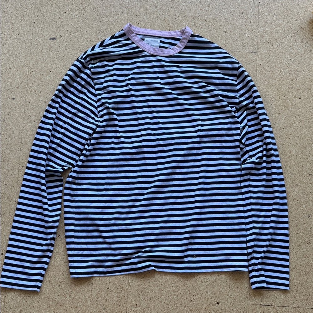 For Days Black and White Striped Long Sleeve Tee with pink contrast collar